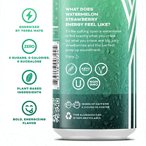 Yerbae Energy Beverage - Watermelon Strawberry, 0 Sugar, 0 Calories, 0 Carbs, Energized By Yerba Mate, Plant-Based, Healthy Alternative To Sugary Energy Drinks, 16Oz Cans (12 Pack) #TOP1