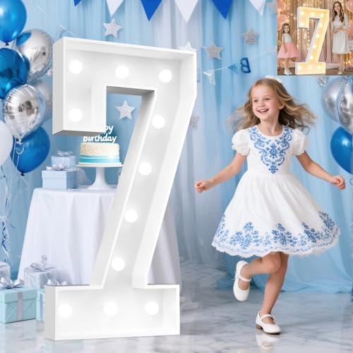 Image of Pooqla 4 FT Light Up Marquee Numbers, Giant Mosaic Number Cool White and Warm White LED, Large Lighted Marquee Numbers for Balloons 7th 17th 70th Birthday Party Decoration, LED 7