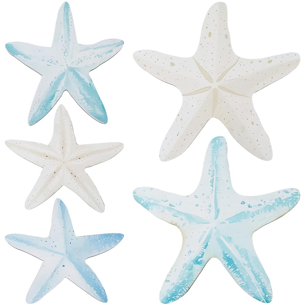 CREATCABIN 5pcs Wood Starfish Home Wall Decoration Starfish Wall Decorations Set Coastal Beach Nautical Home Decor Beach Room Decor Handmade Crafts Ocean Hut Ornament for Room Bathrooms Aqua