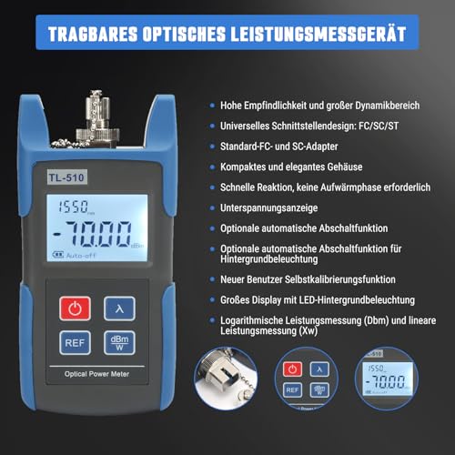 Glasfaser-Leistungsmesser, Optischer Leistungsmesser Glasfaserkabel-Tester, -70-+10dbm Optisches Eistungsmesser Faser Optisches Kabel Tester, Arbeitswellenlänge 850-1625nm