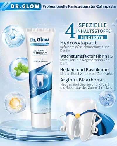 Dr. Glow Kariesreparatur Zahnpasta für Erwachsene, Remineralisierende Hydroxylapatit Zahncreme, Zahnpasta Ohne Fluorid Zahnpflege bei Karies, Zahnreinigung, Zahnfüllung & Zahnschmelzreparatur, 100g – Bild 5
