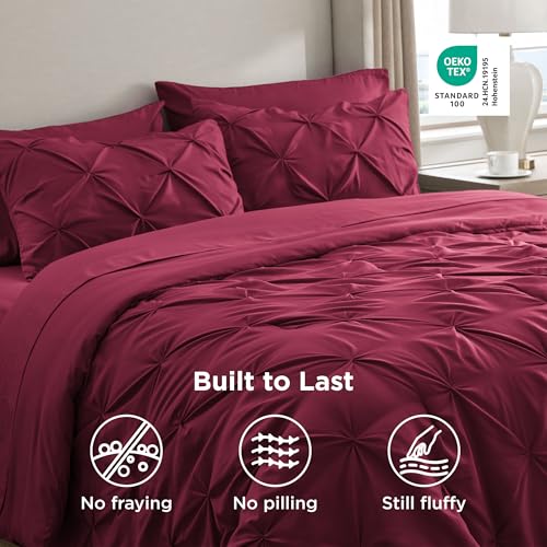 Image of Bedsure Queen Comforter Set Dark Red - Bed in a Bag Queen Size Bedding 7 Pieces, GentleSoft Pintuck Bed Set Gift for Family, All Season Down Alternative Comforter with Sheets, Pillowcases & Shams