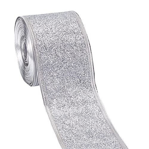 GORGECRAFT 10 Yards Sparkle Ribbon with Wired Edge Glitter Ribbon 2 Inch Silver Wrapping Gifts & Custom Diy Crafts Decorative Confetti Glitter Wired Ribbons for Gift Wrapping Party Decoration