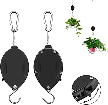 Retractable Plant Pulley, 2 Pack Adjustable Plant Hangers and Hooks with Locking Mechanism for Hanging Plants, Garden Flower Baskets, Pots and Bird Feeders, Easy to Lower and Raise