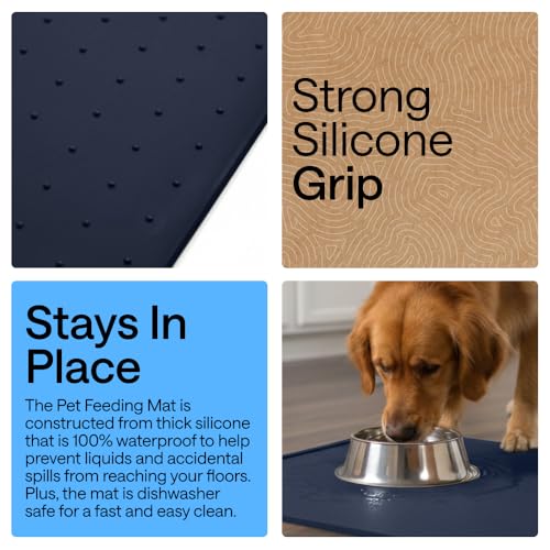 Image of GORILLA GRIP 100% Waterproof Raised Edge BPA Free Silicone Pet Feeding Mat, Dog Cat Food Mats Contain Spills Protects Floors, Placemats for Cats and Dogs Water Bowl, Pets Accessories 32x24 Navy