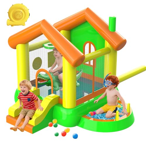 Castillo Inflable con Sopladora, Parque Infantil Inflable con Toboganes, Trampolín, Canasta de Baloncesto y Piscina de Bolas para Exterior e Interior - hasta 3 Niños (3-10 Años)
