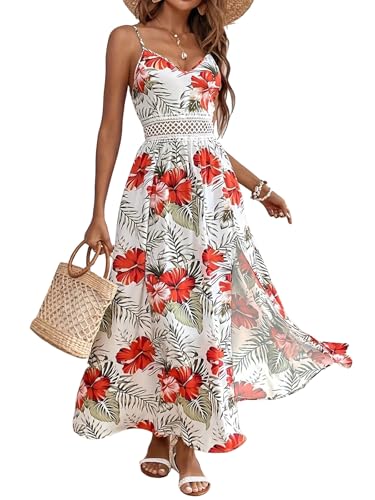 Image of Women's Hawaiian Maxi Dresses Summer Sun Floral Sleeveless Beach Vacation | V-Neck, Spaghetti Straps, Flowy, Boho, Resort