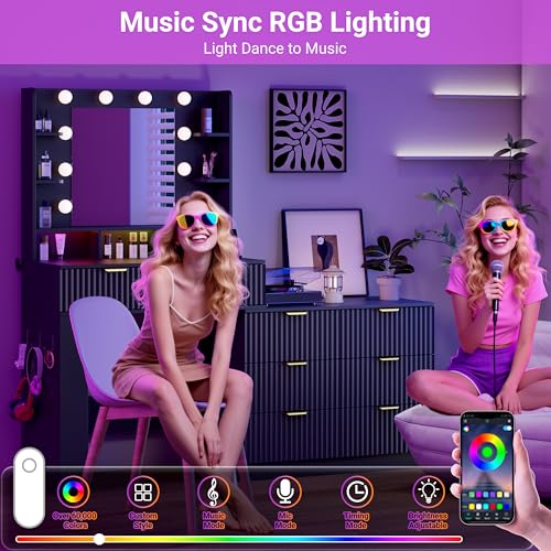 Image of Vanity Desk with Mirror and Lights, Fluted Makeup Vanity with 8 Drawers, Storage Shelves, RGB Light and Power Outlet, Bedroom Dessing Table for Women, Girls, Black,56.7 inch