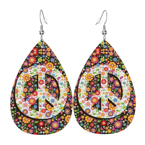 KOSUES 60s 70s Hippie Flowers Peace Sign Love Symbol Faux Leather Teardrop Earrings Double Sided Drop Dangle Earrings Lightweight Womens Ear Accessories Holiday Beach Party Statement Jewelry Gifts