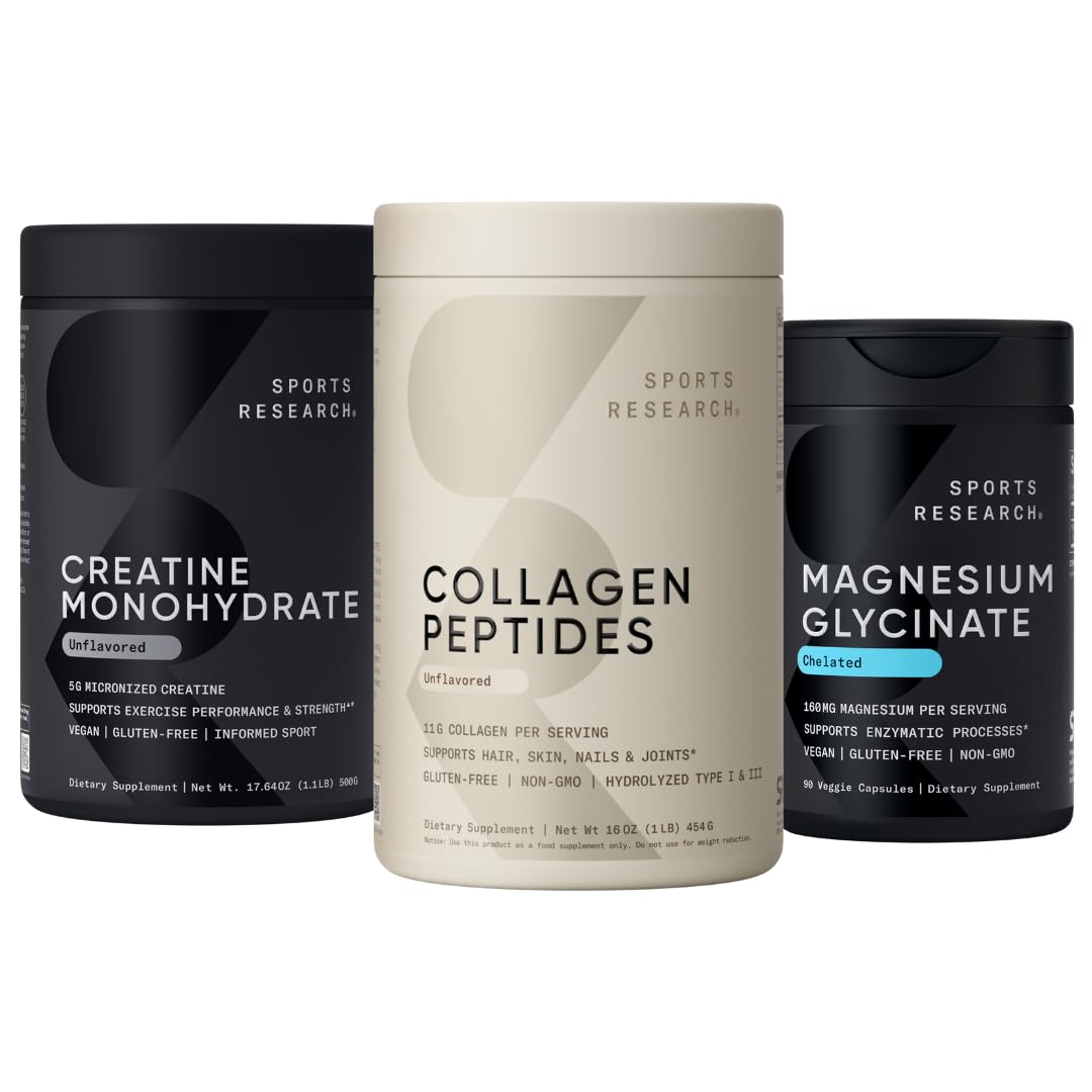 Sports Research Supplements Pack - Hydrolyzed Type 1 3 Collagen Powder Protein Creatine Monohydrate 160 mg Magnesium Glycinate