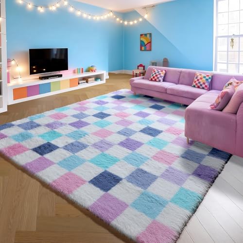 Image of KICMOR Purple Rainbow Checkered Rugs for Living Room, Fluffy Soft 8x10 Area Rugs Colorful Fuzzy Shag Shaggy Bedroom Carpet, Cute Indoor Plush Rug for Kids Girls Dorm Nursery Home Decor Aesthetic