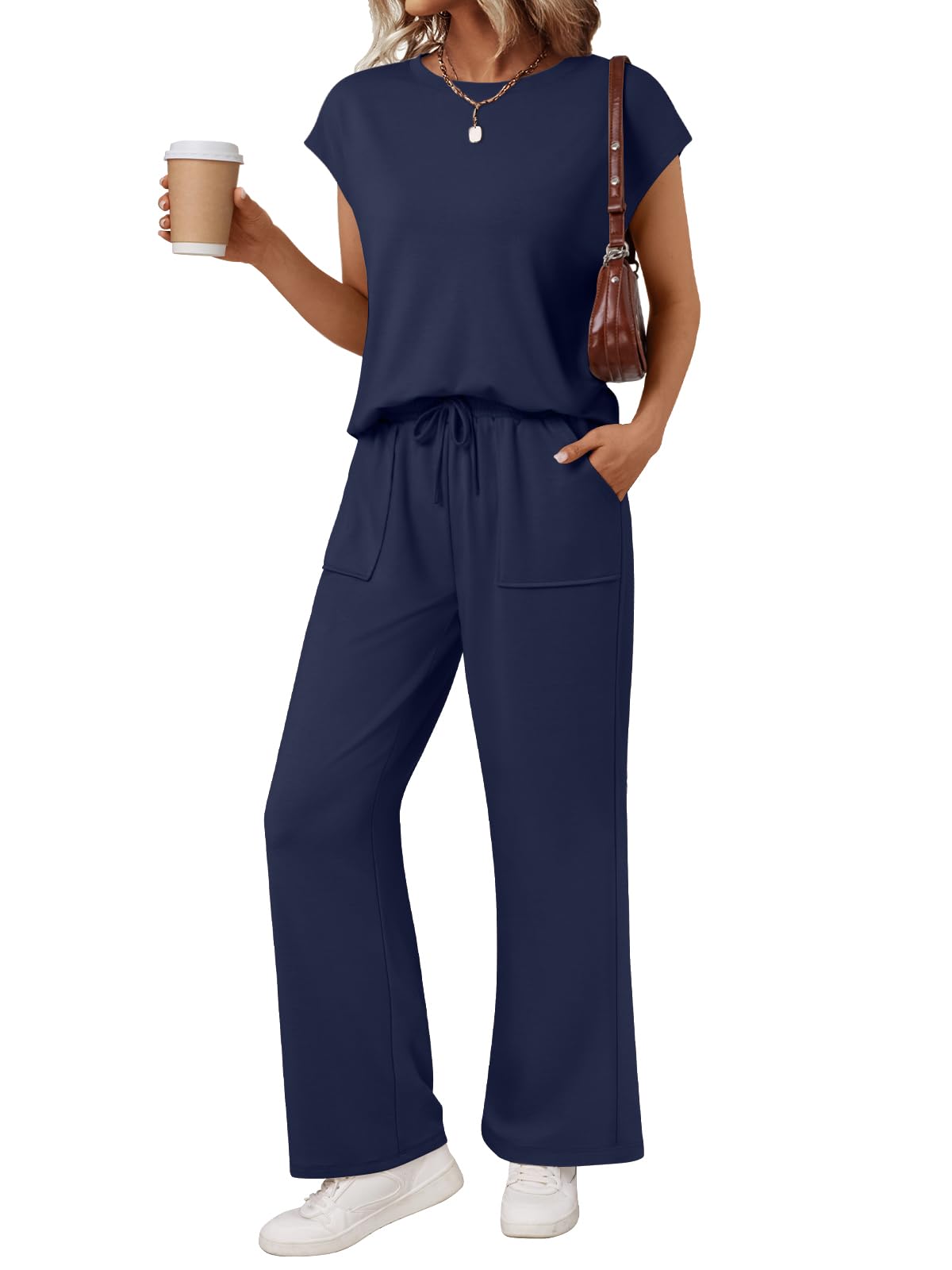 AUTOMET Women's 2 Piece Lounge Set Casual Cap Sleeve Top Wide Leg Pants Summer Vacation Outfits