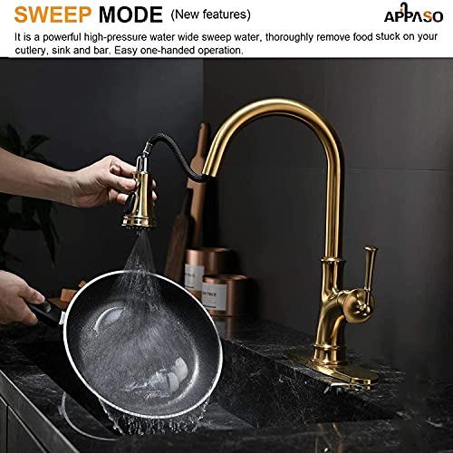 Appaso Gold Kitchen Faucet With Pull Down Sprayer, Antique Brushed Gold Single Handle 1 Hole High Arc Copper Brass Pull Out Kitchen Sink Faucets, Champagne Gold #TOP1