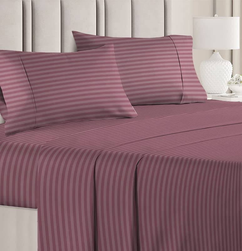 Image of BSB HOME 210 Tc Premium Glace Cotton Striped /Lining Plain Bedsheet For Double Bed King Size With 2 Pillow Covers For Home-Hotels-Guest House-Bargandi, Purple