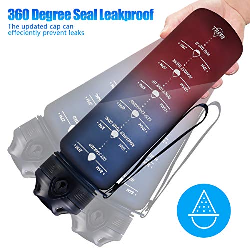 Lunidry Water Bottle with Straw & Time Marker, 32oz Motivational Water Jug BPA-Free Leakproof, to Ensure You Drink Enough Water for Outdoor, Sports, Fitness, Lockable Pop Open Lid (Navy Blue/ Red Gradient)