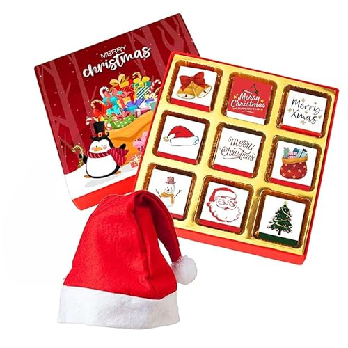 Image of Chocoloony Merry Christmas Chocolate Gift Box Assorted 9 pcs Milk Chocolate Bites with Santa Cap | Christmas Gift Box