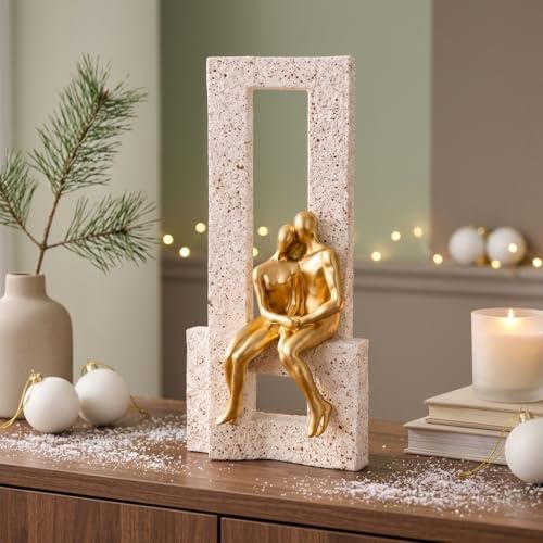 Image of Amazon Basics Graceful Abstract Couple Figurine for Home & Office Decor | Modern Romantic Sculpture Showpiece for Living Room, Shelf, Study Table & Bedroom Styling (Gold & Beige, 19 cm)