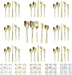 Evanda Gold Cutlery Set 45 Piece Service for 8, Titanium Golden Plating Stainless Steel Silverware Set, Include Knives Forks Spoons Set and Serving Set, Great for Home and Wedding