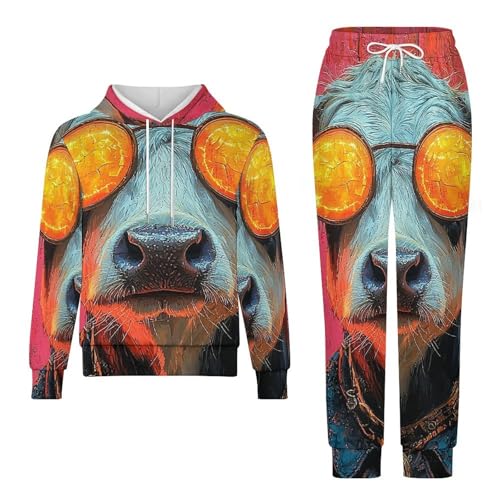 Boys Girls Clothes Hoodies Sweatshirt Pants Set 2 Pieces Fall Winter Outfits, Cow Hippie Neon4