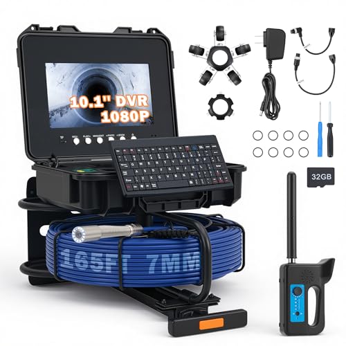 ZELCAN Caméra Inspection Canalisation 10,1" Écran Auto-Nivellante 512 Hz Localisateur 50m Câble, Enregistreur DVR Étanche IP68 Compteur de Longueur Numérique, avec Clavier roulettes et 12 LED