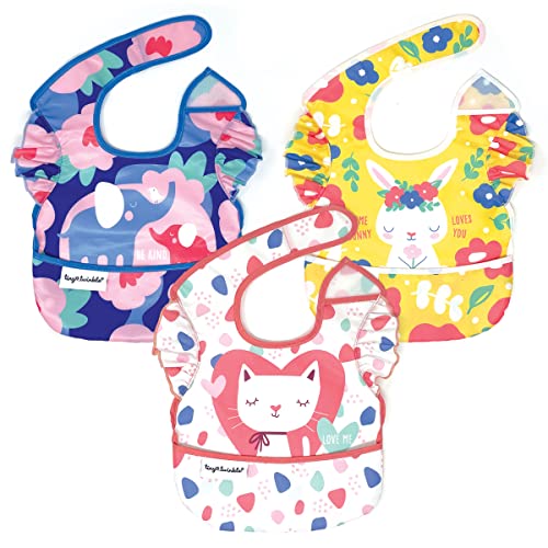 Tiny Twinkle Mess-Proof Baby Bib - Waterproof Bib for Baby Girl -Machine Washable- Adjustable Closure -PVC BPA & Phthalate Free - Great for Travel - Baby Food Bib (3 Pack, Kitty, Elephant, Bunny)