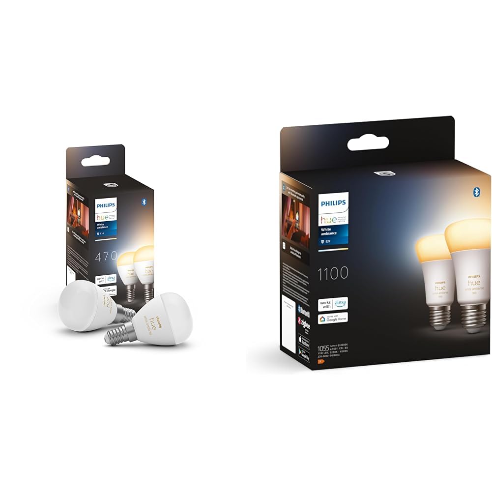 Philips Hue White ambiance, ampoule LED connectée sphérique compatible Bluetooth, E14 & White Ambiance, ampoule LED connectée E27 équivalent 75W, 1100 lumen