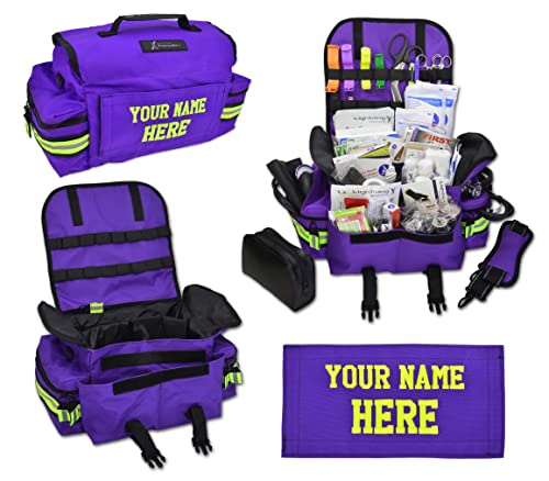 Lightning X Personalized First Responder EMT EMS Trauma Bag w/Stocked First Aid Fill Kit B & Custom Embroidered Name Patch (Purple)