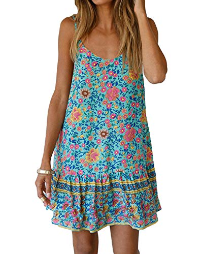 Kidsform Women Summer Boho Floral Printed Dress Sleeveless Adjustable Beach Mini Dress Casual Sundress