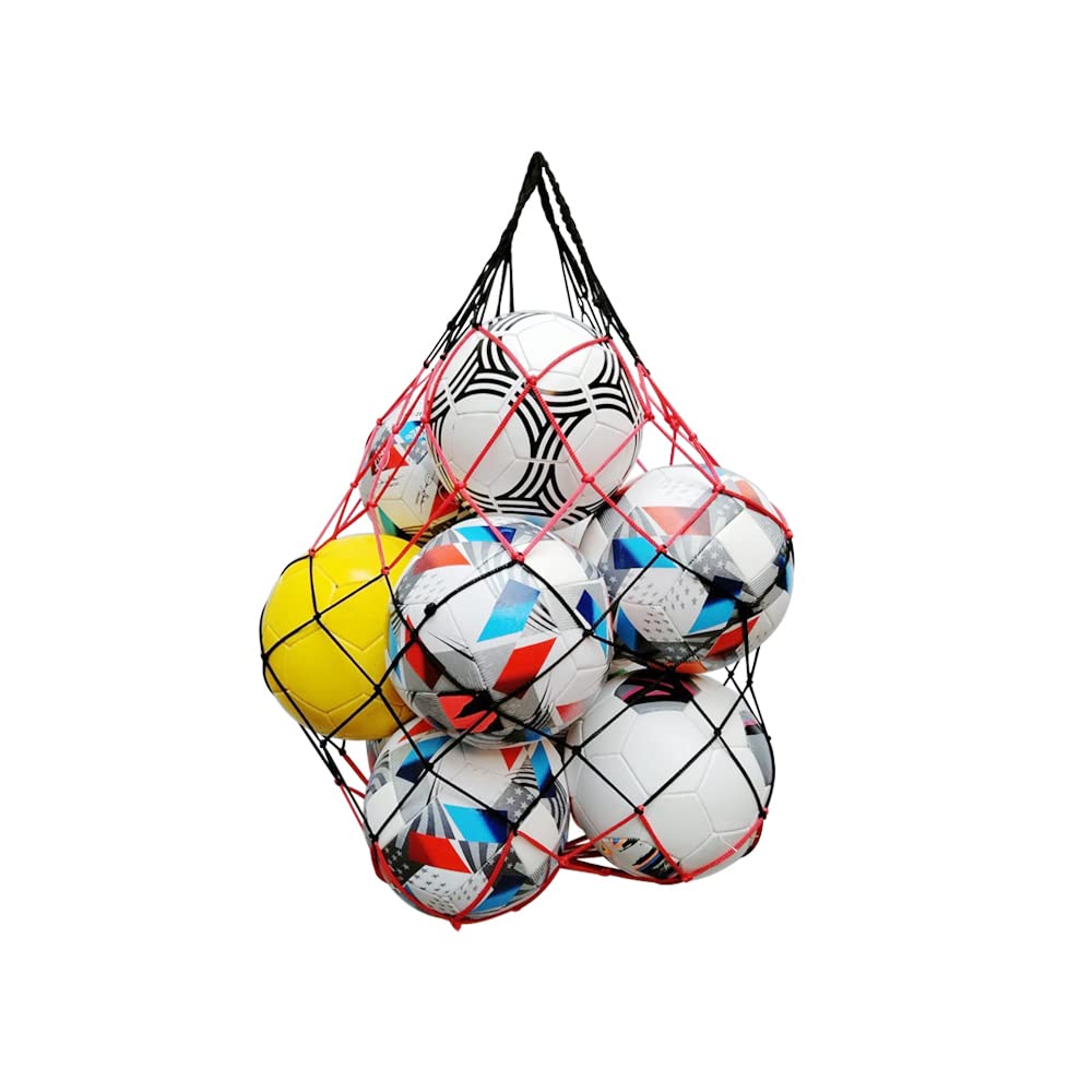 Owasi Basketball Net Bag Soccer Football Storage Sports Ball Holder Nylon Carry String Bag Durable 1 4 6 10 Balls (Black/Red, Upto 10 Balls)