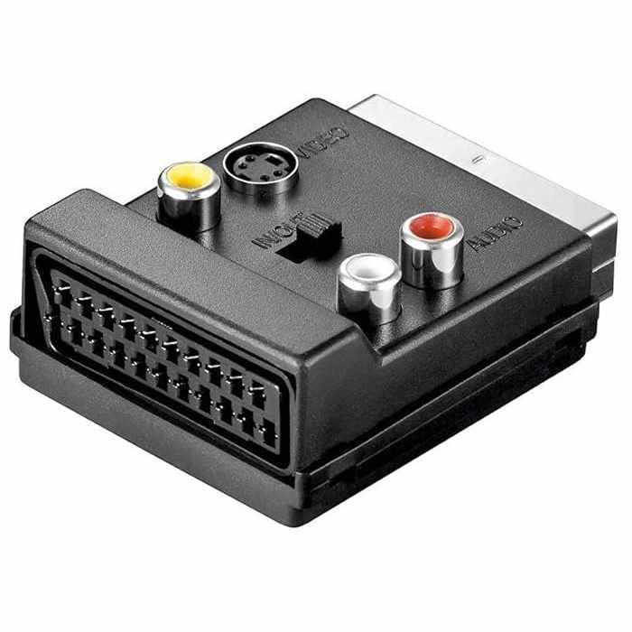 Adaptador SCART AV conmutable, Convertidor Euroconector a 3X RCA (2 Audio + 1 Video) y S-Video, Entrada/Salida seleccionable, Compatible con TV, DVD, VHS, Consolas y más dispositivos, Hembra a Macho