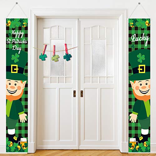 2 Pieces St Patrick\'s Day Porch Sign Happy St Patrick\'s Day and Lucky Hanging Banners for Holiday Home Indoor Outdoor Porch Wall St Patrick\'s Day Decoration(Black and Green Plaid)