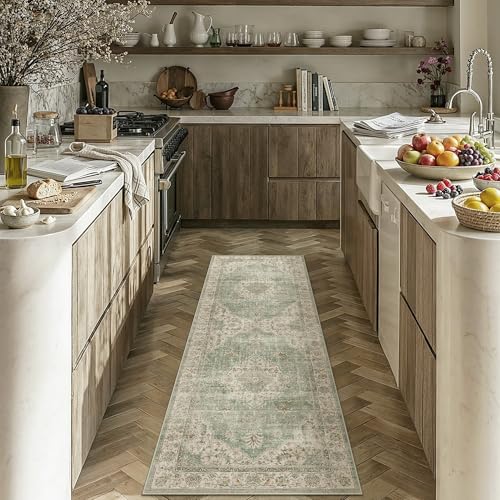 2x6 Green Runner Rug Washable Non-Slip,Hallway Kitchen Vintage Distressed Long Carpet,Floral Vintage Distress Print Pattern Medallion Rugs for Office