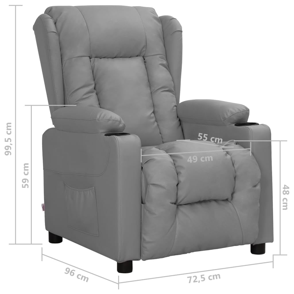 Sillón relax de piel sintética gris con función reclinable | Sillón de TV manual para sala de estar con 3 posiciones ajustables y portavasos integrados para noches de cine en casa.