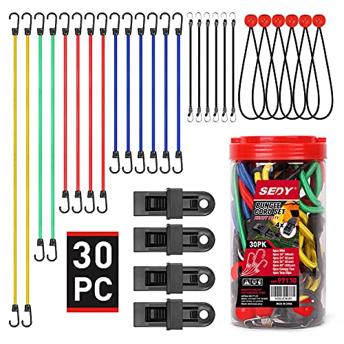 SEDY 30-Pieces Premium Bungee Cords Assortment Jar, Includes 10â€, 18â€, 24â€, 32â€, 40â€ Bungee Cords & 8â€ Canopy/Tarp Ball Ties & 4 Crocodile Mouth Tarp Clips