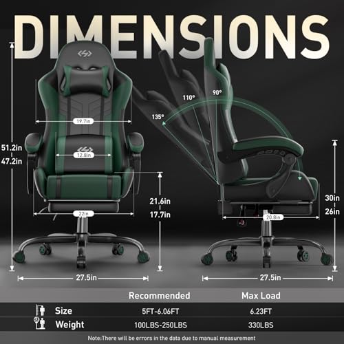 HLDIRECT Gaming Chair, Video Game Chair with Pocket Spring Cushion, Ergonomic Computer Chair for Adults with Headrest and Massage Lumbar Support, Swivel PU Leather Office Chair(Black&Green) - Image 4