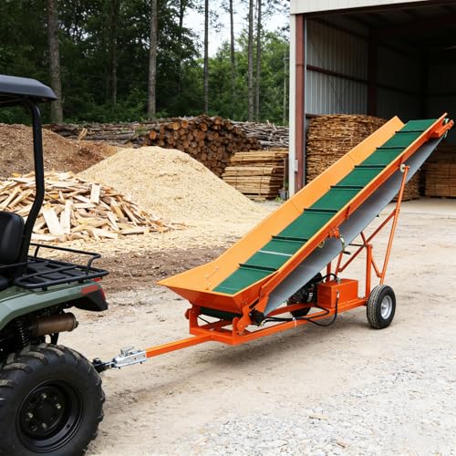 Image of 12-Inch Gas Powered Firewood Conveyor, 6.5HP 208cc Engine, 31-Ft PVC Belt, Hydraulic Variable Speed, 9.8-Ft Adjustable Lift Height, Towable Wood Conveyor, 110-lb Load