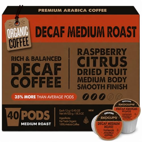 EKOCUPS Organic Swiss Water Decaf Medium Roast Coffee Pods, 30% More Coffee Per Cup, Fair Trade Decaffeinated Coffee for Keurig K Cup Machines, Recyclable Pods, 40 Count