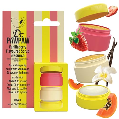 Dr.PAWPAW Scrub and Nourish Vanillaberry Lip Care Collection 24g, Natural Sugar Lip Scrub with Vanilla and Strawberry Balms, Hydrating Exfoliating Lip Care in Stackable Pot