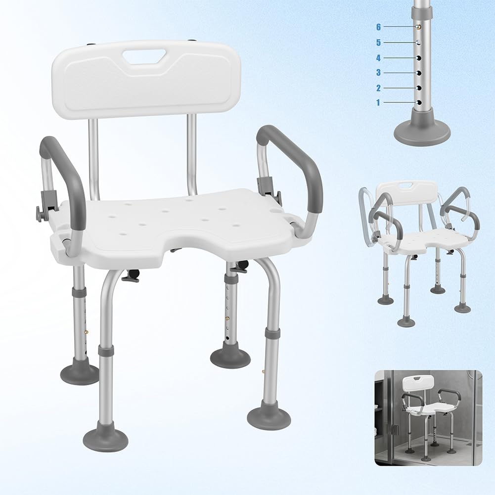 BAKAJI Sedia da Doccia per Anziani, Disabili e Persone con Mobilità Ridotta, Sedile in HDPE e Struttura in Alluminio Resistente, Sgabello da Bagno Altezza Regolabile 70-83cm e Piedi Antiscivolo