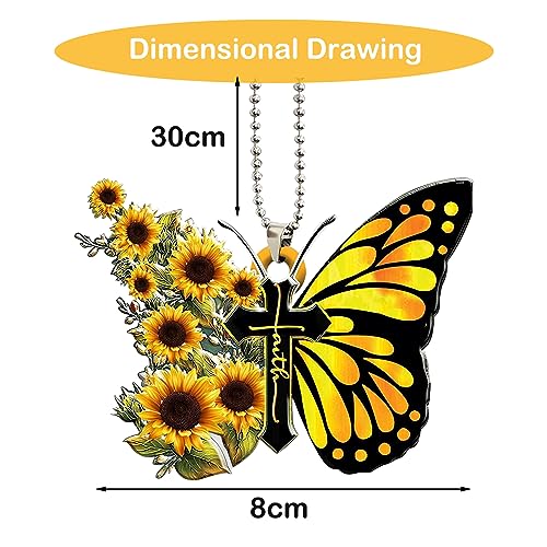 Butterfly Car Rearview Mirror Accessories,Yellow Butterfly Sunflower Christian Jesus Cross Car Mirror Decor Hanging,Butterfly Hanging for Home Car,Christian Religious Gifts for Women,Butterfly Gifts