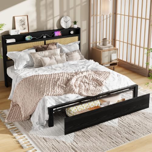 Garvee King Wood Bed Frame with Storage, Rattan Headboard with Charger
