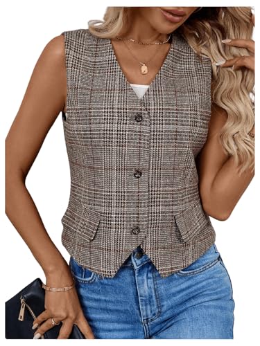 Milumia Women's Plaid V Neck Vest Single Breasted Sleeveless Work Blazer Jacket