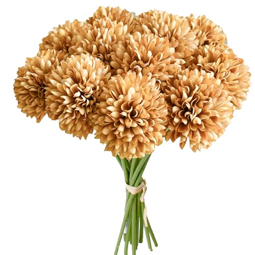 Image of Mandy's 12pcs Artificial Light Brown Ball Chrysanthemum Flowers