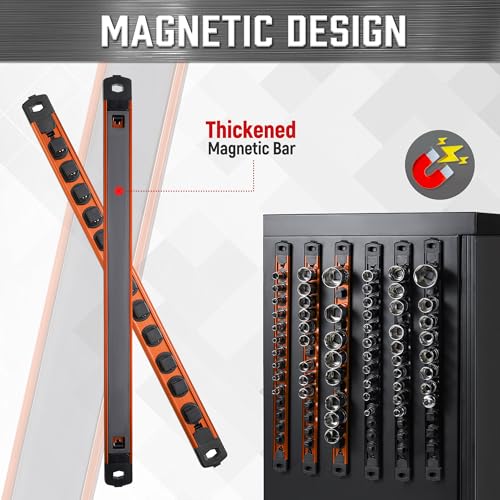 Image of ALOANES 1 /2-Inch Drive Magnetic Socket Organizer, Heavy Duty Aluminum Socket Rail Organizer, 360 Swivel Clips Socket Rail Set For Sockets Storage, 1 /2-Inch Socket Holder x 12 Clips (Orange)