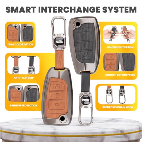 Image of Car Key Cover Compatible with Hyundai Verna 2024 2023 | i20 N line N6 Car 3-Button Smart Flip Key (Dual Leather Metal (Black & Brown))