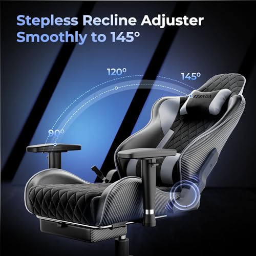 Seenda GCPro-10 Gaming Chair, 145° Reclining Office Chair with Footrest and Full Metal Frame Supporot up to 330 lbs, Adjustable 2D Armrests, 5 Inch Fabric Cushion, Carbon Fiber Design (Black + Grey) - Image 6