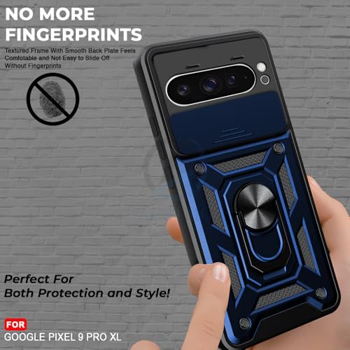 Image of AESTMO Tough Armor Google Pixel 9 Pro XL Bumper Back Case Cover | Ring Holder & Sliding Camera Shield Cover | 360 Degree Protection Back Case Cover for Google Pixel 9 Pro XL (Blue)