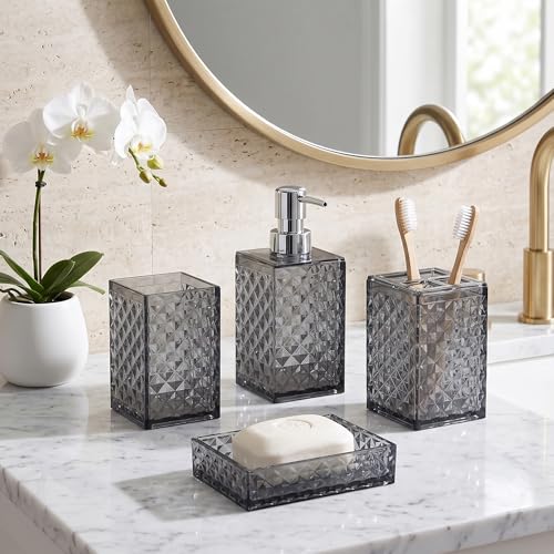 Image of Story@Home 4 Pieces Bathroom Accessories Set - Grey | Toothbrush Holder, Soap Dispenser, Mouth Wash Cup & Soap Dish for Home Kitchen & Bathroom | Bathroom Essentials for Office