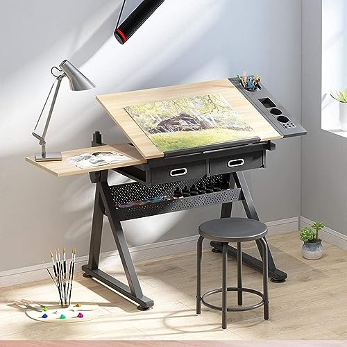 Drafting Table with Storage, Height Adjustable Tiltable Art Desk, Maple Panel Drawing Desk, for Work Study Painting Craft Table