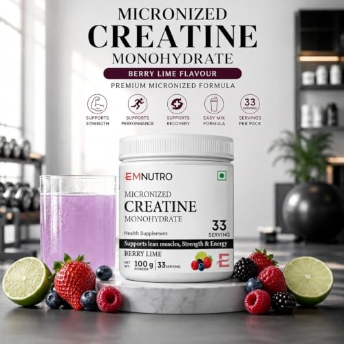 Image of Creatine Monohydrate Micronized Powder, Berry Lime Flavour, 100 g | Easy Mix Creatine Supplement for Men & Women | Pre & Post Workout | Gym & Fitness Nutrition